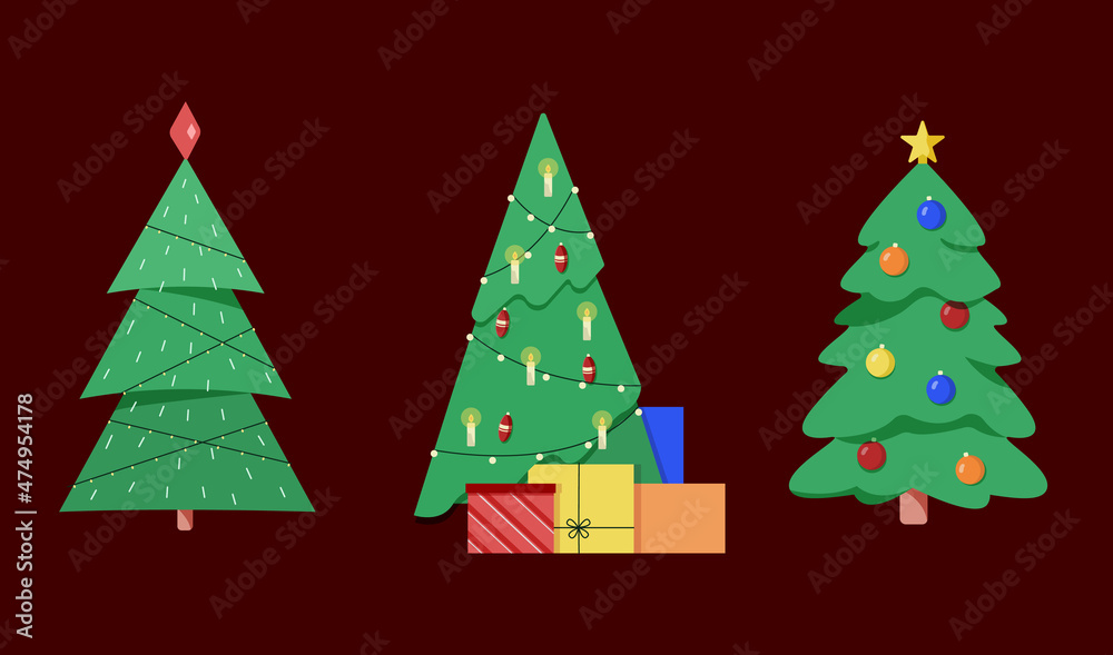 Christmas decorated trees with gift boxes