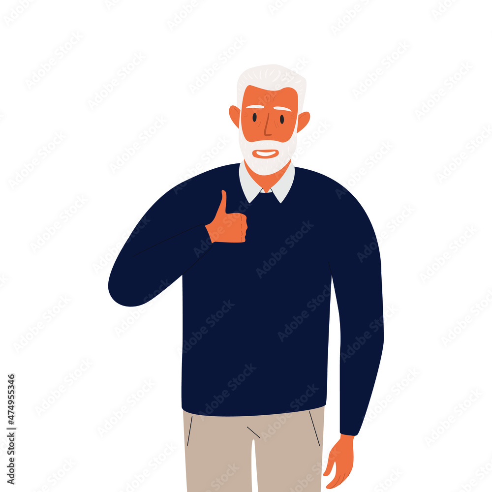 Flat vector cartoon illustration of a smiling elderly man giving a thumbs up. Isolated design on a white background. Flat vector cartoon illustration of a smiling elderly man giving a thumbs up. Isolated design on a white background.