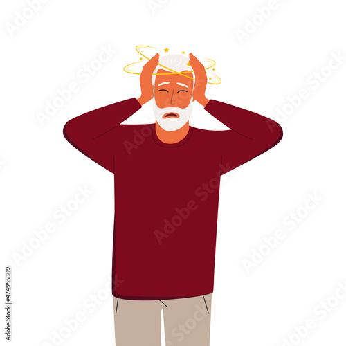 A flat vector illustration of an elderly sick man who is dizzy. Isolated design on a white background.