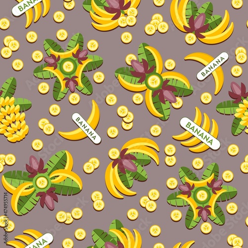 Seamless background with bananas, logos, emblems, badges with bananas, banana flowers, leaves, slices, bunch of bananas. Good for decoration of food package, wrapping. Vector pattern