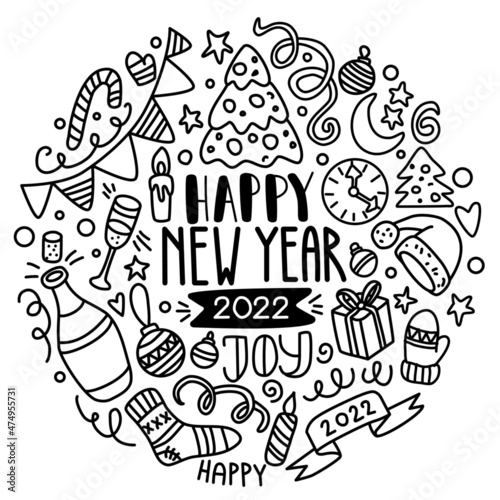Hand Drawing Vector Lineart Happy New Year Doodle Set. Use for greeting card  celebration  festival  design  print  postcard  poster  pattern  coloring book.