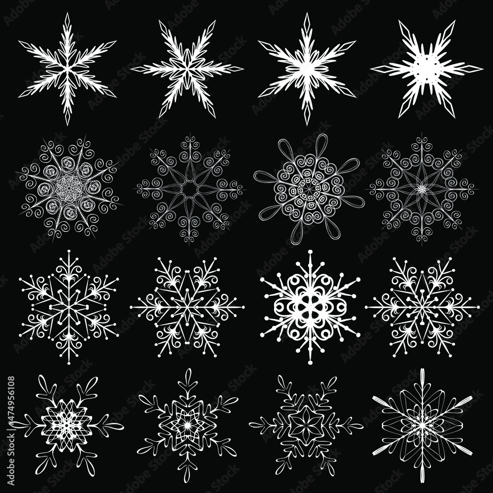 a set of hand-drawn white snowflakes, flat illustration, black background, design elements for decorating a greeting card or a Christmas post on a social network, vector graphics a set of hand-drawn white snowflakes, flat illustration, black background, design elements for decorating a greeting card or a Christmas post on a social network, vector graphics