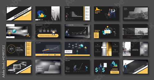 Business presentation, powerpoint, launch of a new business project. Infographic design template, yellow, elements, black background, set. A team of people creates a business, teamwork. Mobile app
