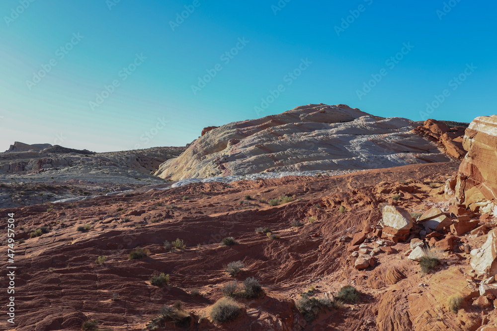 Fototapeta premium Valley of Fire State Park is a public recreation and nature preservation area covering nearly 46,000 acres located 16 miles south of Overton, Nevada. The state park derives its name from red sandstone