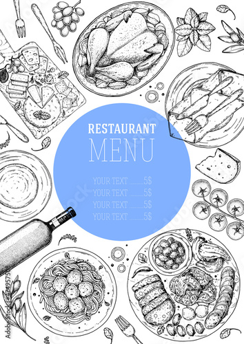 Food top view. Sketch illustration. Hand drawn. Food menu design template. Hand drawn sketch vector illustration.