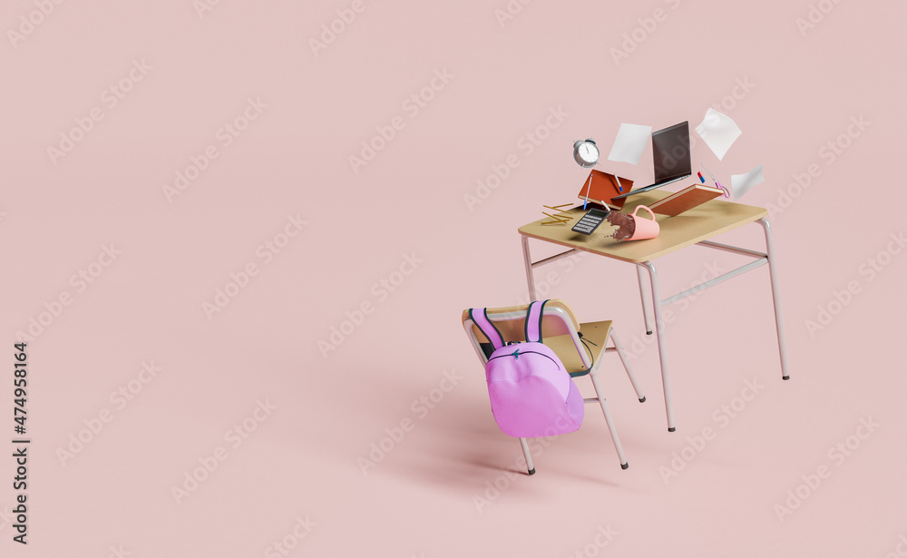 school desk with laptop and school supplies floating