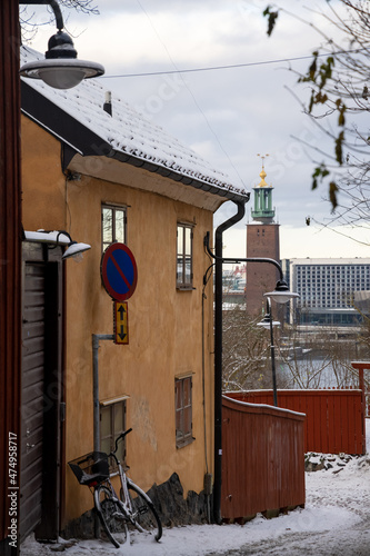 Roofs and buildings of Stockholm city on a sunny winter day, vintage look. Capital of Sweden 