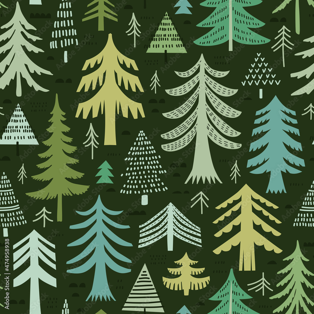 Obraz premium Seamless pattern with pine trees on green background. Stylized forest background. Vector illustration.