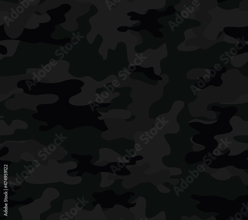  Dark camouflage pattern, black spots, vector shape texture, military night print, street background on textiles