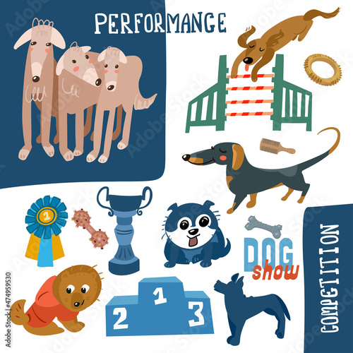 Dog show. Set of items for design of posters, booklets. Pets, sports equipment, medal, cup, plants. Vector illustration.