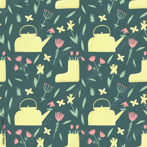 Spring seamless pattern. Naive garden-themed pattern. Teapot, flowers, galoshes.