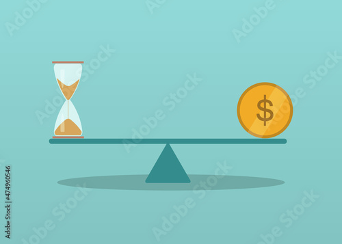 vector flat illustration of hourglass and dollar coin on scales. money and time concept