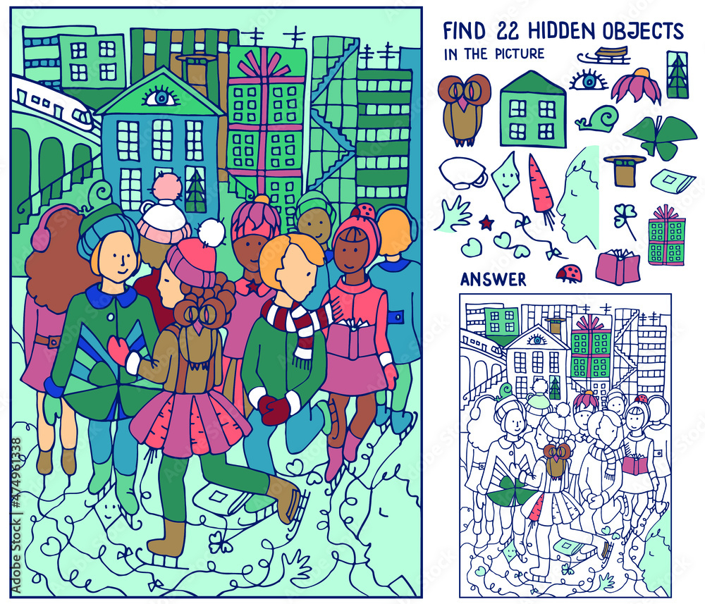 Find hidden objects. Children are skating on ice in the city. Puzzle for  kids. Christmas game for family celebration or school, party. Hand drawn  vector. Stock Vector | Adobe Stock