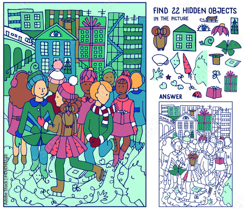Find hidden objects. Children are skating on ice in the city. Puzzle for kids. Christmas game for family celebration or school, party. Hand drawn vector.