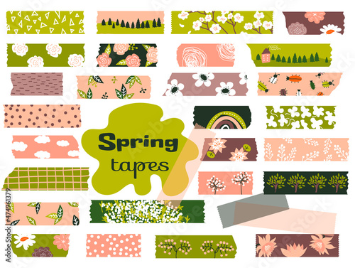 Spring Washi tapes. Vector set pieces of paper. Flowers  leaves  trees  firs  dots. Masking tape or  adhesive strips for frames  scrapbooking  borders  web graphics  crafts  stickers.