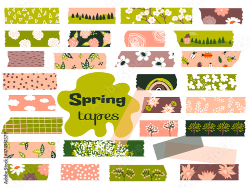 Spring Washi tapes. Vector set pieces of paper. Flowers, leaves, trees, firs, dots. Masking tape or  adhesive strips for frames, scrapbooking, borders, web graphics, crafts, stickers.