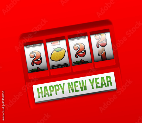2022 Happy New Year casino style greeting card with slot machine. Merry Christmas Xmas pokies, slot machine design banner. New year 2022 gambling party red color poster with puggy one-armed bandit