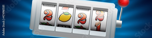 2022 Happy New Year casino style greeting card with slot machine. Merry Christmas Xmas pokies, slot machine design banner. New year 2022 gambling party blue color poster with puggy one-armed bandit