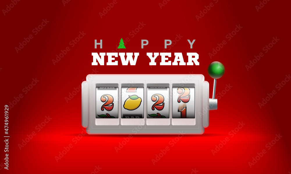 2022 Happy New Year casino style greeting card with slot machine. Merry Christmas Xmas pokies, slot machine design banner. New year 2022 gambling party red color poster with puggy one-armed bandit - obrazy, fototapety, plakaty 