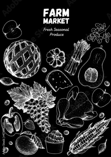 Various food frame. Meat, vegetabeles and fruits. Good food store concept. Organic food illustration. Farmers market design elements. Hand drawn sketch.