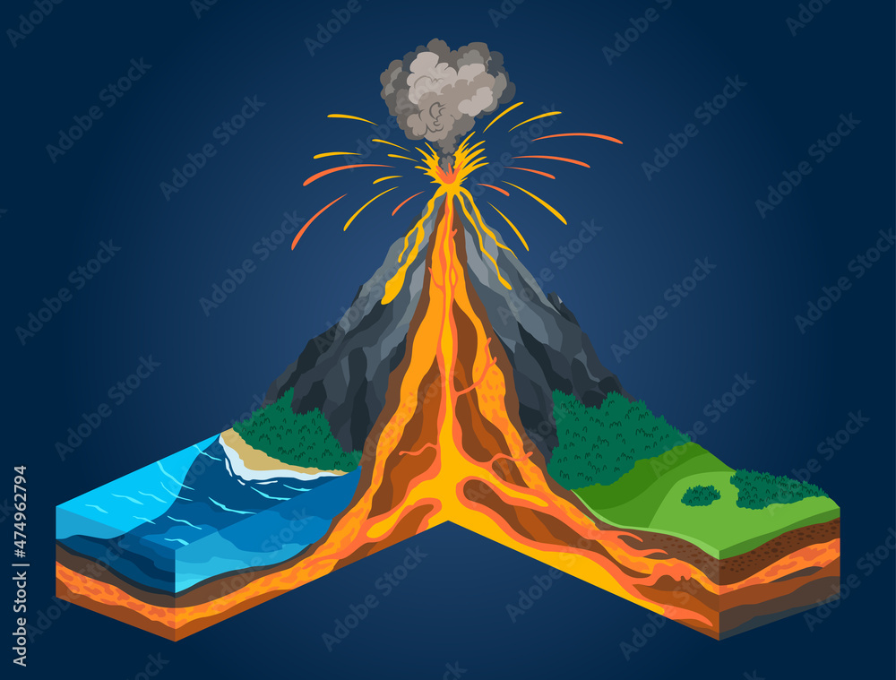 Isometric of volcano in cross section infographic. Structure include magma chamber, gases cone, vent and crater lava bomb ash. Section of the Earth crust - obrazy, fototapety, plakaty 
