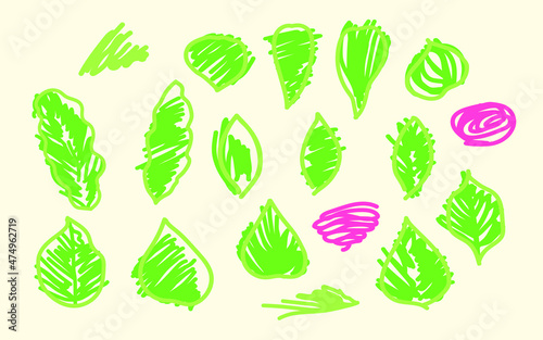 Hand-drawing green leaves set on beige background