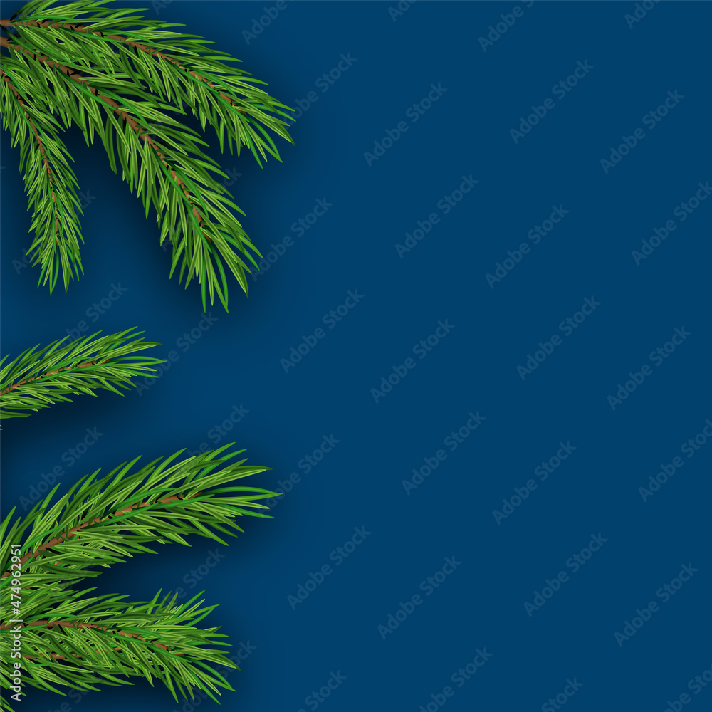 Obraz premium Blue background with fir branches border. New year holiday background. Vector illustration EPS 10