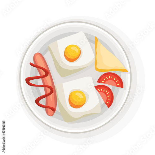 Breakfast or lunch top view. Delicious, healthy food on porcelain dish. Classic hearty breakfast. Nicely served food on white plate