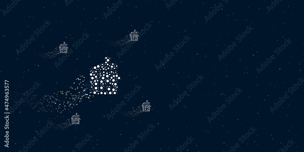 A juicer symbol filled with dots flies through the stars leaving a trail behind. Four small symbols around. Empty space for text on the right. Vector illustration on dark blue background with stars