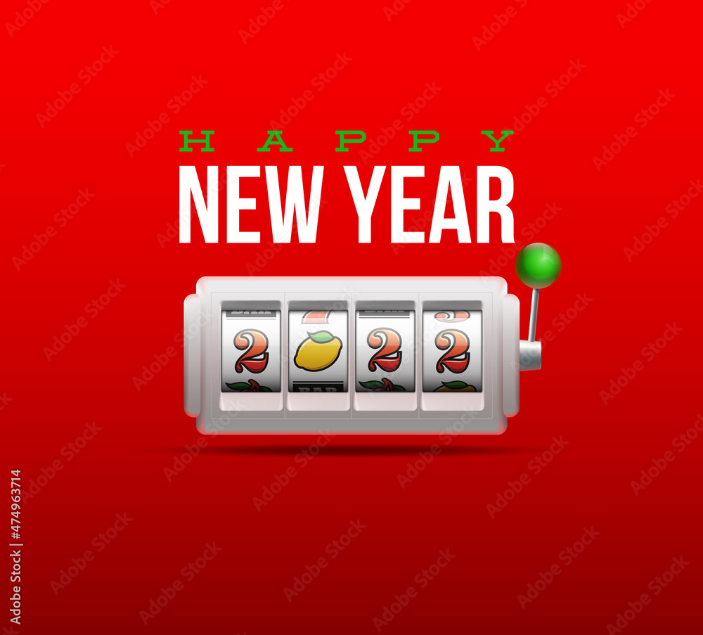 Fototapeta premium 2022 Happy New Year casino style greeting card with slot machine. Merry Christmas Xmas pokies, slot machine design banner. New year 2022 gambling party red color poster with puggy one-armed bandit