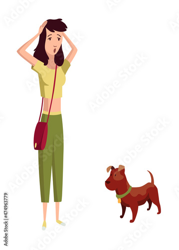 Woman holding her head with hands. Problem of pet dog owner, bad domestic animal behavior vector illustration. Frustrated girl character scolding doggy for mess