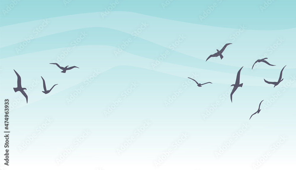 Flight silhouette on sky. Cartoon nature scenery with flyin birds