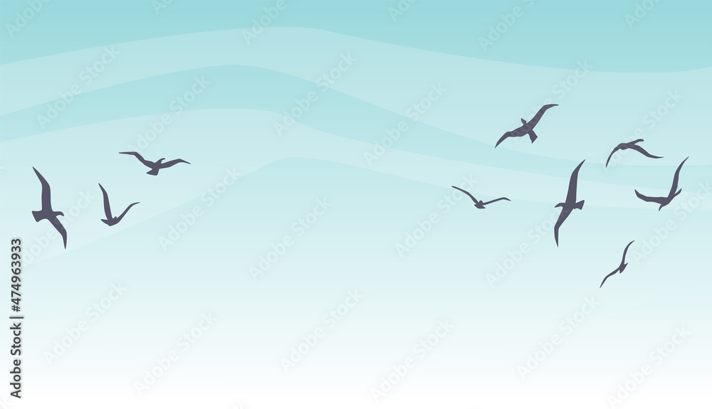 Obraz premium Flight silhouette on sky. Cartoon nature scenery with flyin birds