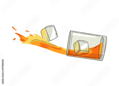 Glass of whiskey with ice and pouring drink. Realistic vector glass with smokey scotch whiskey and ice isolated on white background. Glass and drink