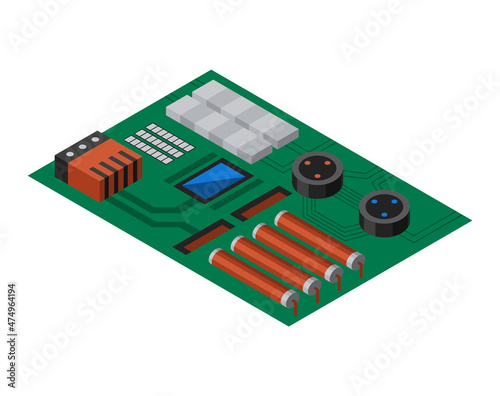 Isometric circuit board with electronic components. Computer chip technology processor circuit and computer motherboard information system. Technology equipment device concept photo