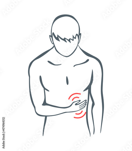 Body part pain. Man feels pain in abdomen of body marked with red lines. Vector foci of pain or trauma symbols, grey art line illustration