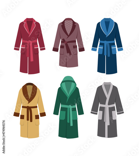 Men home clothes bathrobes different styles. Male homewear collection, vector flat illustration. Comfortable clothes to wear at home. Soft cozy cotton adult bath robes for relax on weekend