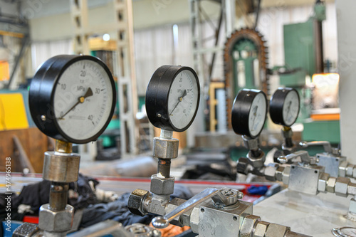 Obraz na płótnie High pressure gauges with changeover valves in the hydraulic supply system