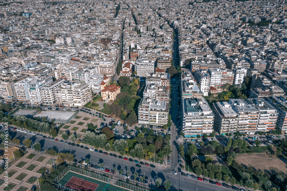 Thessaloniki, Greece. An aerial view of the city landscape seen from the Palaia Paralia. Here you can see a perspective view of town architecture.