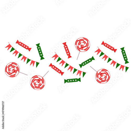 a pattern of lollipop and candy and flags red and green