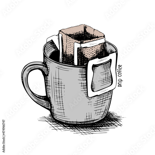 Black drip coffee sketch cup in retro style on white background. Hand drawn vector vintage illustration. Isolated icon. Art graphic.