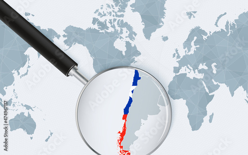 Enlarged map of Chile on America centered World Map. Magnified map and flag of Chile.