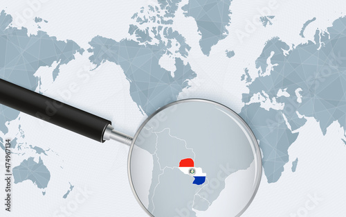 Enlarged map of Paraguay on America centered World Map. Magnified map and flag of Paraguay.