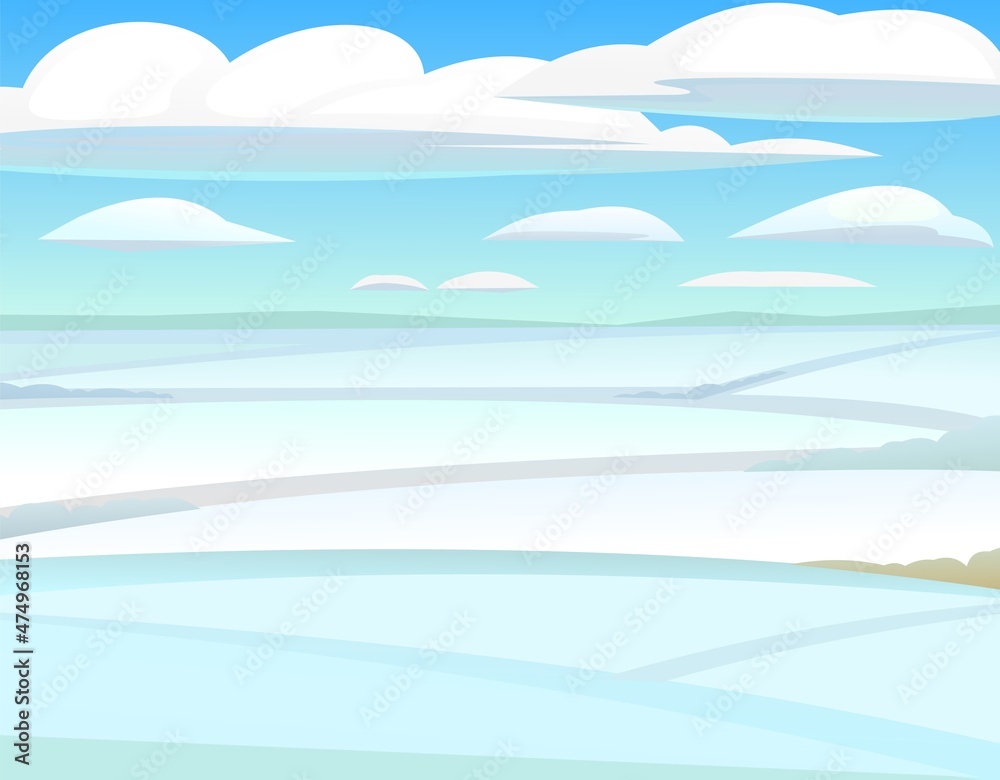 Winter rural landscape with cold white snow and drifts. Beautiful frosty view of countryside hilly plain. Flat design cartoon style. Vector