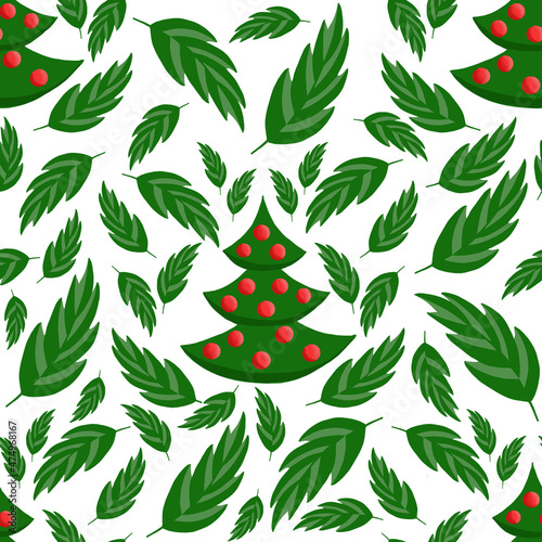 pattern Christmas tree with red balls and green leaves