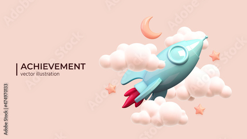 Rocket ship in space around the clouds. Realistic rocket 3d icon. Challenge in business to be achievement and successful concept. Launch new project start up concept. Vector illustration
