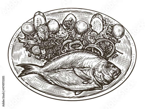 Fish cooked with garnish on platter. Seafood cuisine. Food sketch vector illustration