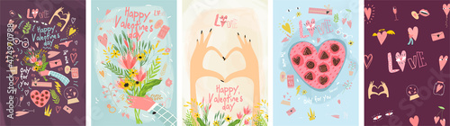 Valentine's Day! February 14. Set of vector illustrations. Simple, minimalistic, holiday cards.