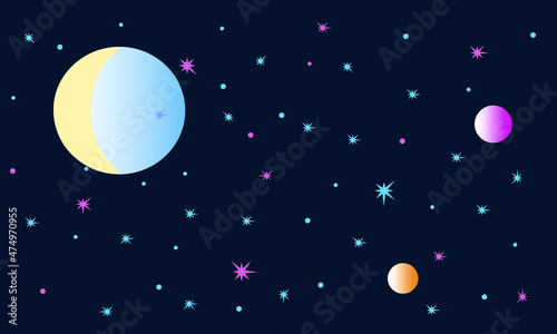 Fototapeta Naklejka Na Ścianę i Meble -  Blue background with bright stars, moon and planets. Abstract banner, template. Vector illustration