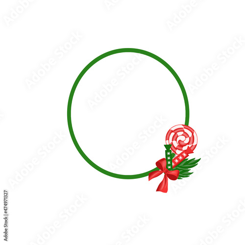 frame is round green with a red lollipop and sweets and green leaves and a red bow